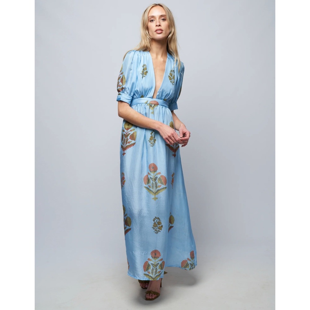 B43 Hannah Artwear Surya Floral Silk Maxi Dress Womens 1 US 6 Blue Puff Sleeve